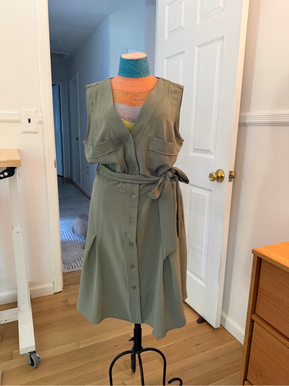 DKNY Olive Green Button-Front Midi Dress with Waist Tie